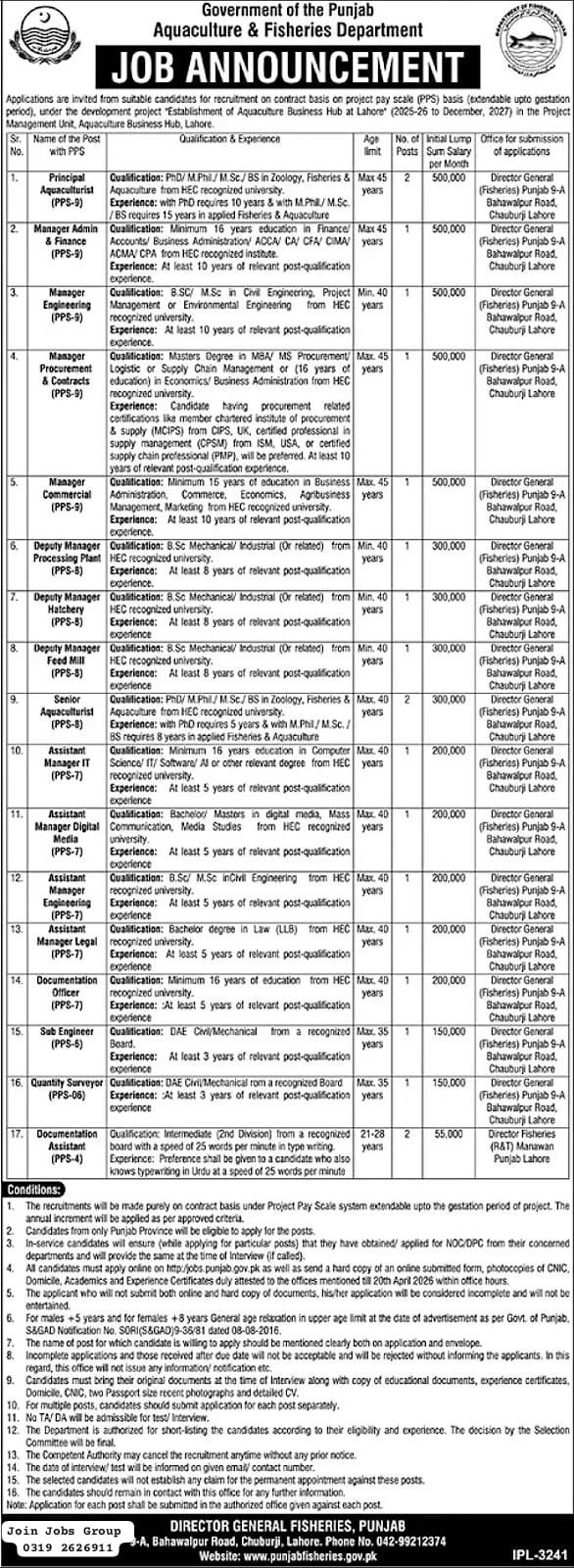 Aquaculture & Fisheries Department Jobs 2026 Advertisement