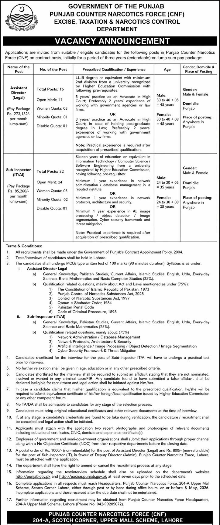 Counter Narcotics Force CNF Jobs 2026 Advertisement 