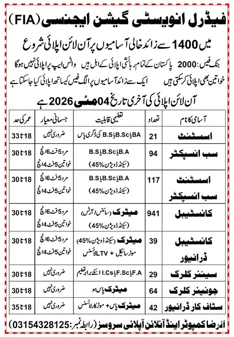 FIA Jobs 2026 Advertisement