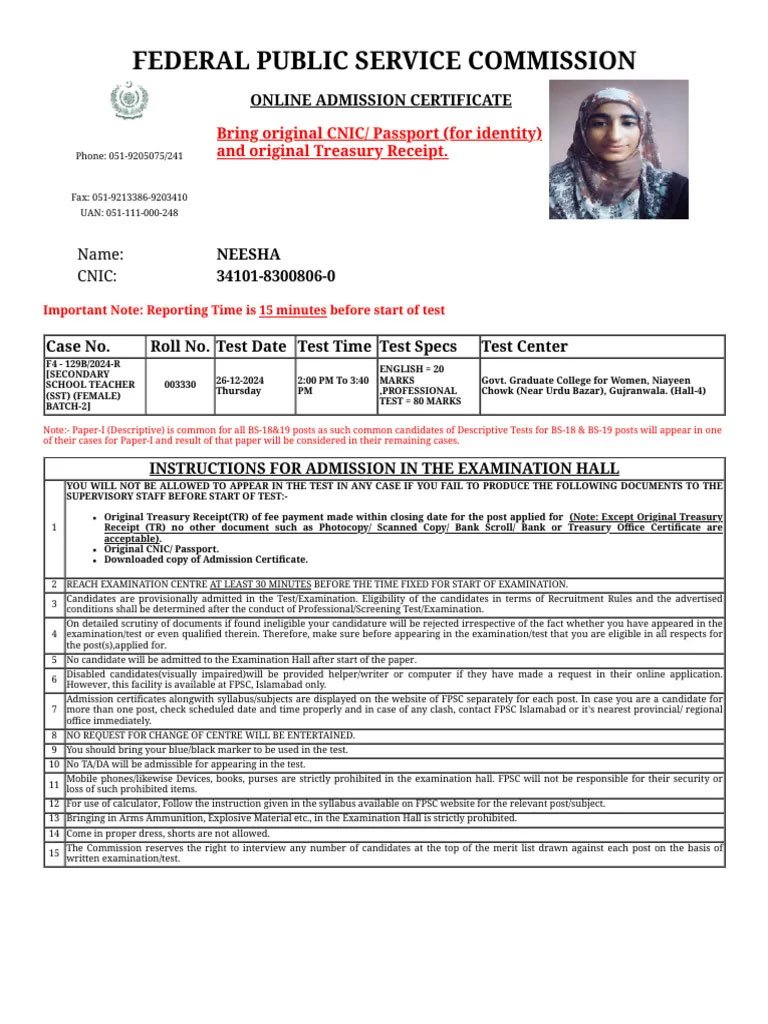 FPSC Roll No Slip 2026 Download