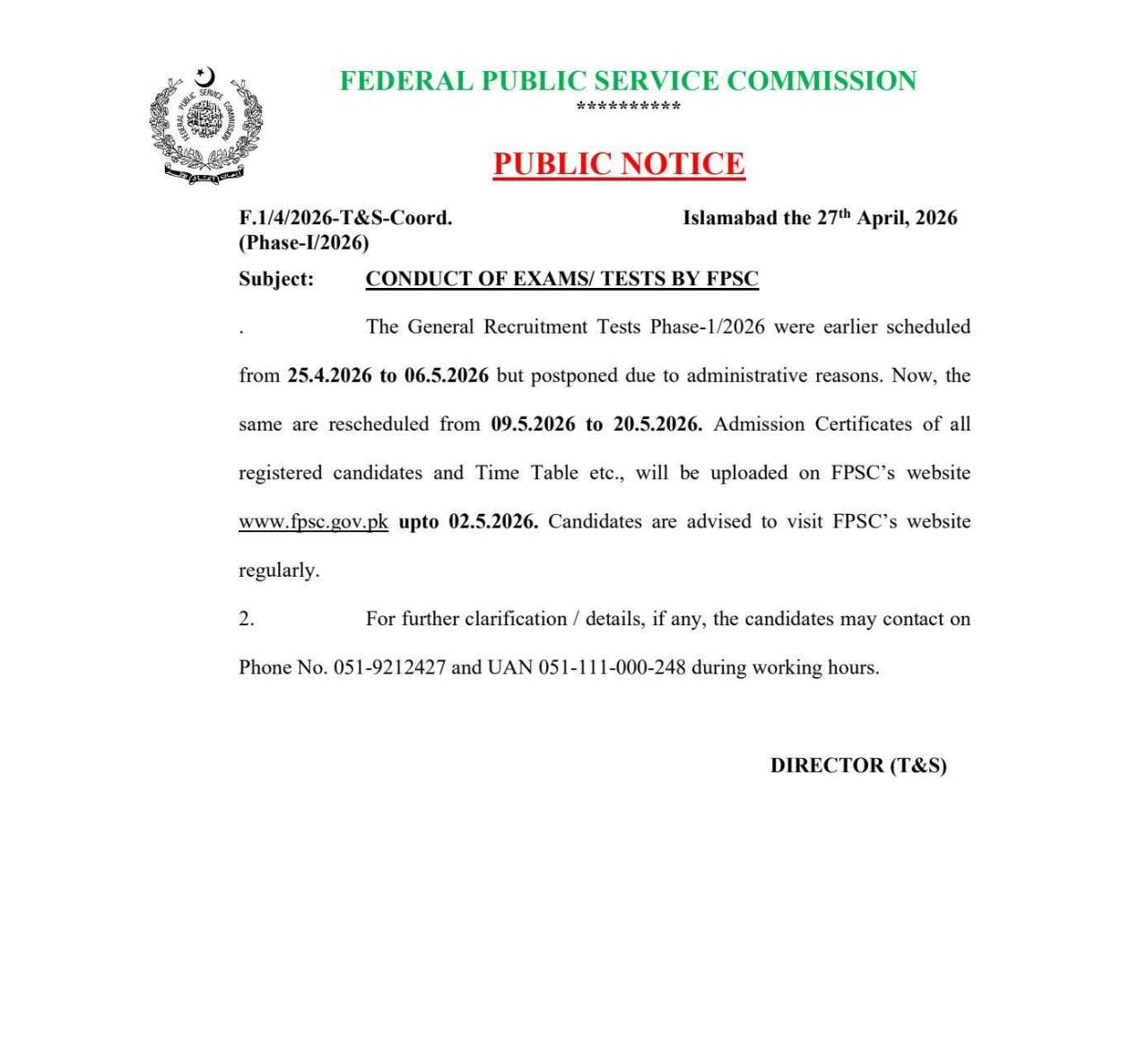 FPSC phase-1/2026 