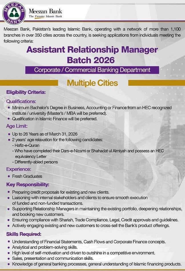 Meezan Bank Assistant Relationship Manager Jobs 2026 Advertisement