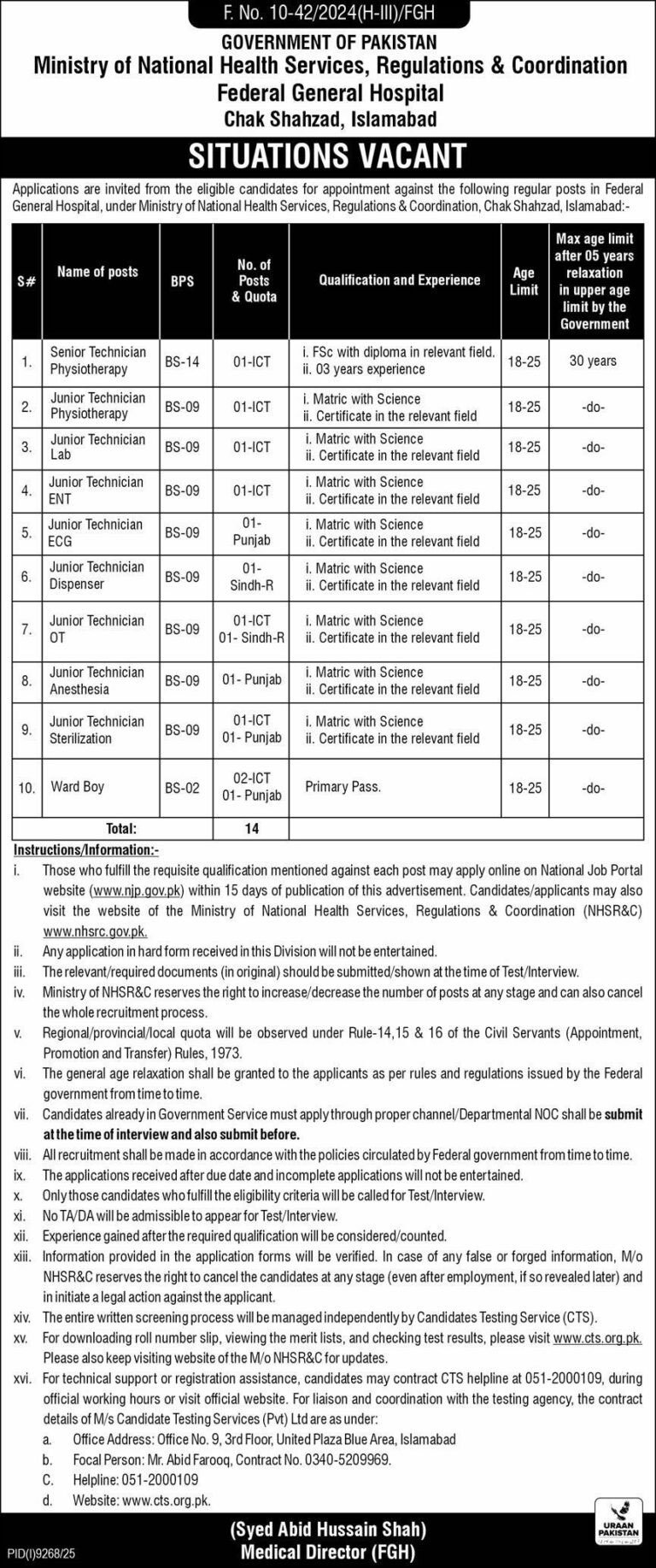 Federal General Hospital Islamabad Jobs 2026 Advertisement 