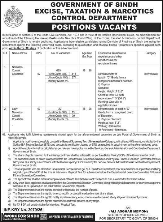 Sindh Excise and Taxation Jobs 2026 Advertisement