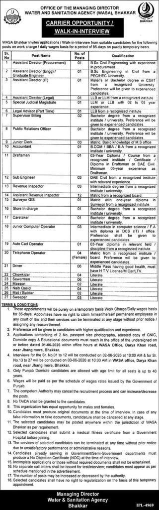 WASA Bhakkar Jobs 2026 Walk-in Interview Advertisement