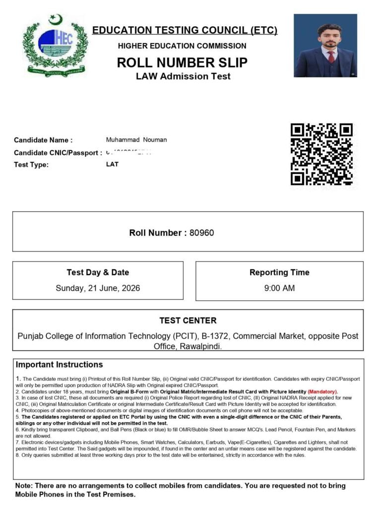 Law Admission Test Roll No slip 2026 Download Pdf