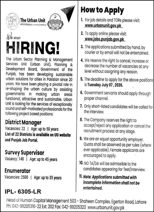 Urban Unit Jobs 2026 Advertisement
